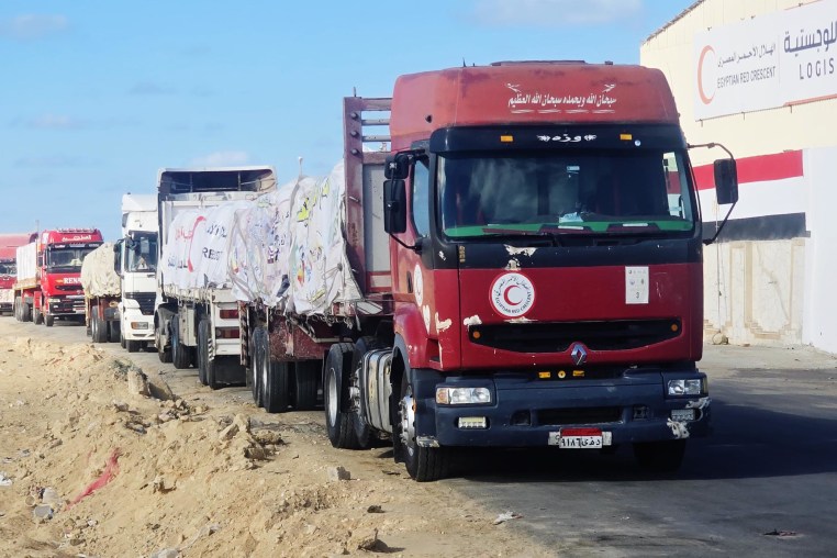 Trucks carrying humanitarian aid are prepare to depart from Egypt's Arish region toward the Rafah Border Crossing on Oct. 10, 2025. 
