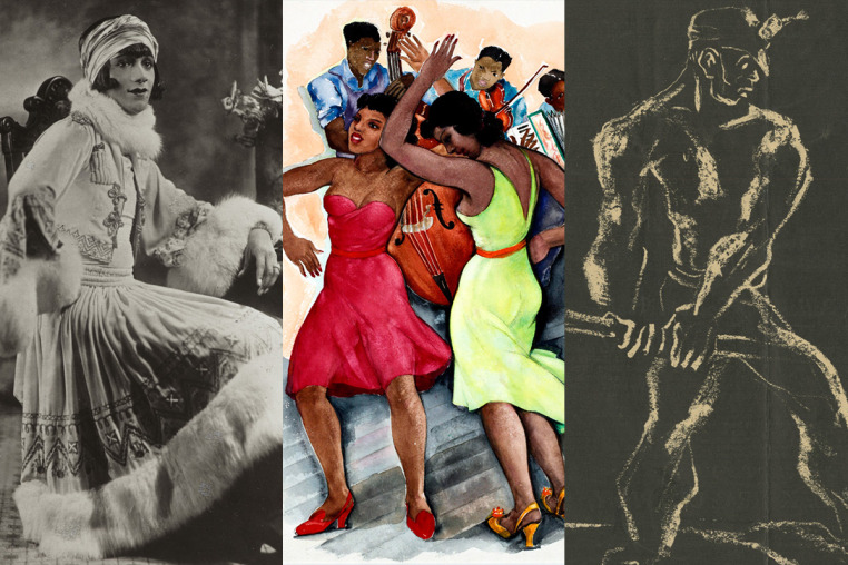 A triptych showing James Van Der Zee's "Person in a Fur-Trimmed Ensemble," William L’Engle's "Harlem" and Claude McKay's "The Liberator."