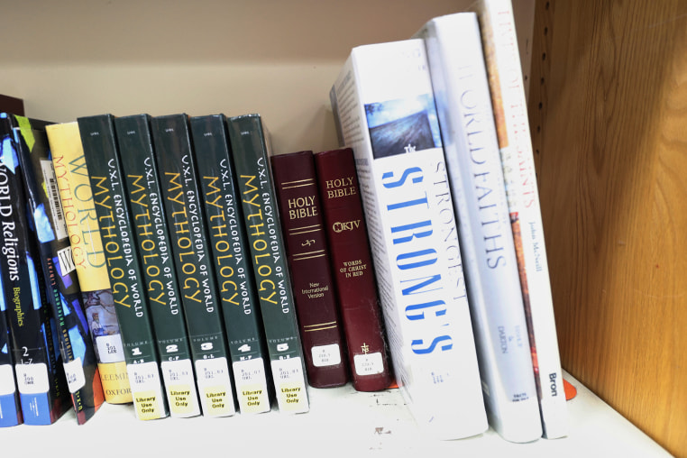Copies of the Bible at the Bixby High School library in Bixby, OK.