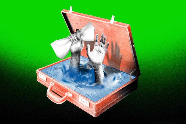 Photo illustration against a bright green background of hands inside of a briefcase, reaching up. 