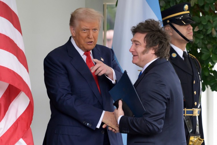 US President Donald Trump greeting Argentina President Javier Milei.