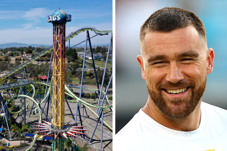 Six Flags Magic Mountain theme park in Valencia, California and Travis Kelce. 