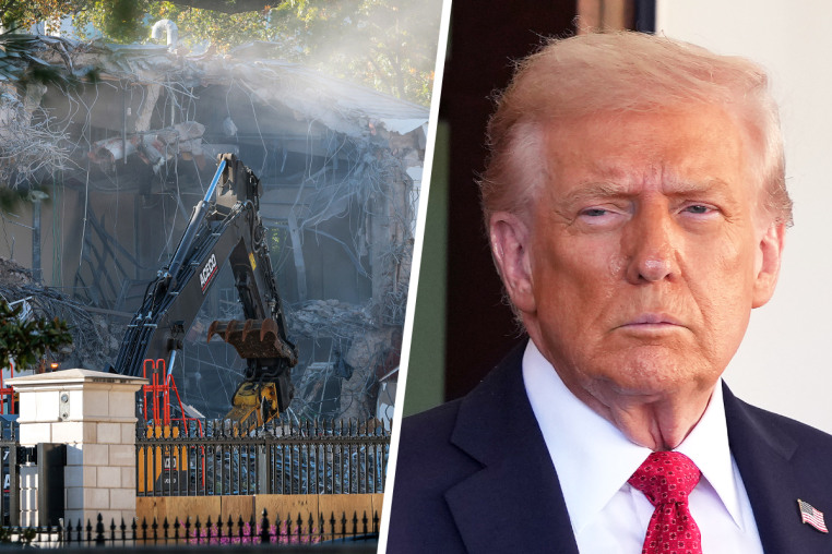 The facade of the East Wing of the White House being demolished on Oct. 20, 2025; Donald Trump