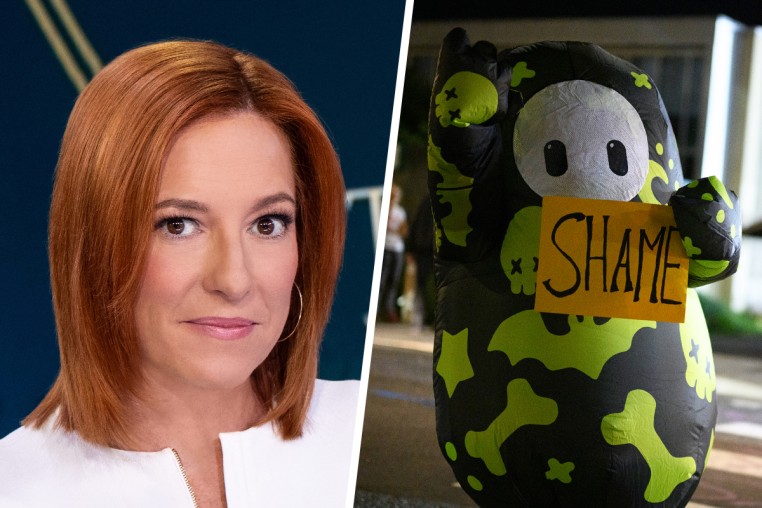 Jen Psaki; A protester in an inflatable suit holding a sign outside the U.S. Immigration and Customs Enforcement building.