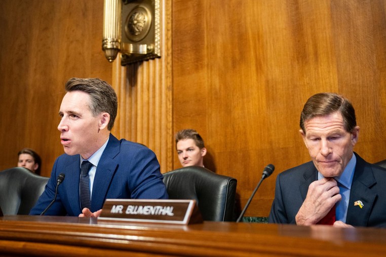Sen. Josh Hawley, R-Mo., and Sen. Richard Blumenthal, D-Conn., hearing on Artificial Intelligence  on Jan. 10, 2024.
