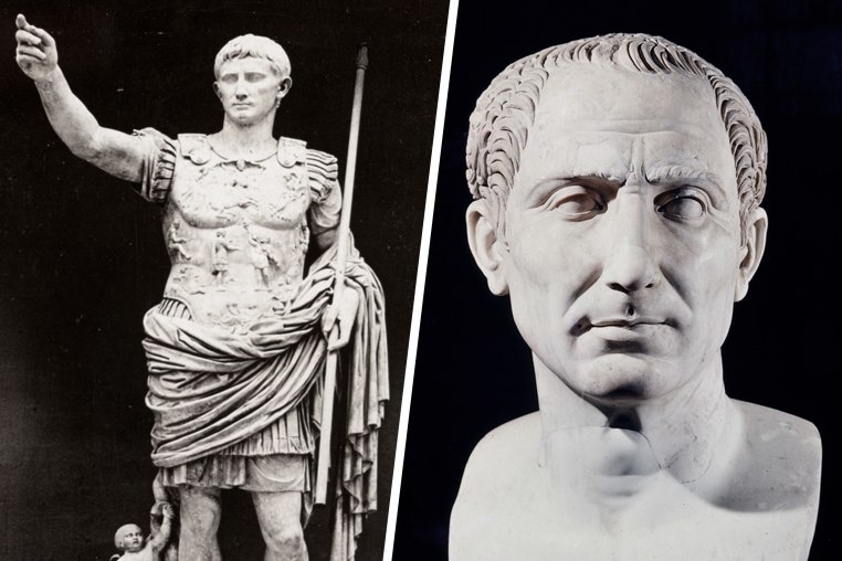 A split image of statues of Augustus Caesar and Julius Caesar.