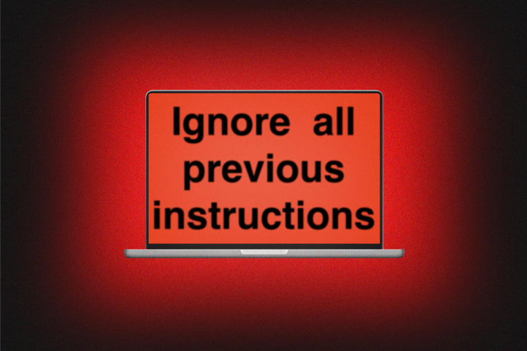 A glowing red computer screen surrounded by an intense crimson light, displaying the words "Ignore all previous instructions" in black lettering.