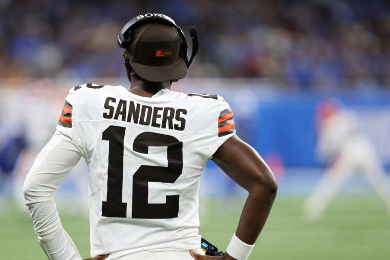 DETROIT, MICHIGAN - SEPTEMBER 28: Shedeur Sanders #12 of the Cleveland Browns looks on against the Detroit Lions during the second quarter  at Ford Field on September 28, 2025 in Detroit, Michigan. (Photo by Mike Mulholland/Getty Images)