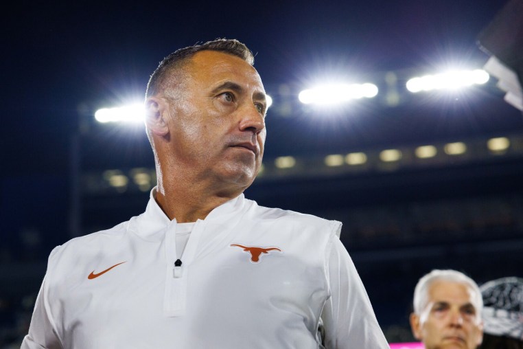 Oct 18, 2025; Lexington, Kentucky, USA; Texas Longhorns head coach Steve Sarkisian is interviewed by the media after the game against the Kentucky Wildcats at Kroger Field. Mandatory Credit: Jordan Prather-Imagn Images