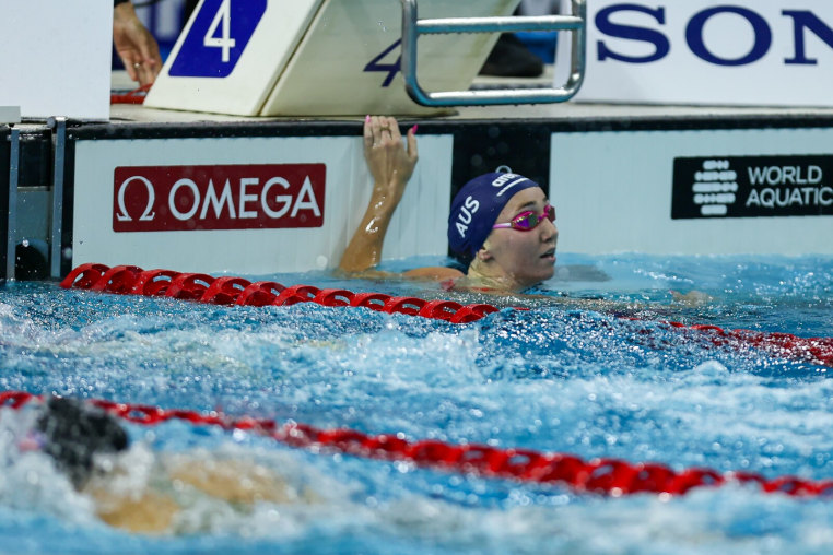 In Toronto, Ontario, Canada, on October 23, 2025, Lani Pallister of Australia checks the result of the Women's 400m Freestyle finals at the World Aquatics Swimming World Cup 2025 at the Toronto Pan Am Sports Centre. (Photo by Indrawan Kumala/NurPhoto via Getty Images)
