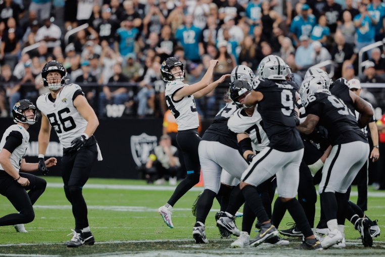 Jacksonville Jaguars place kicker Cam Little watches his 68-yard field goal during the first half against the Las Vegas Raiders on Sunday.