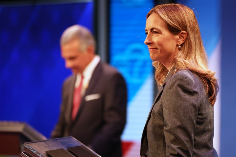 Jack Ciattarelli, left, and Mikie Sherrill at the final debate in the governor's race in New Brunswick, N.J., on Oct. 8, 2025.