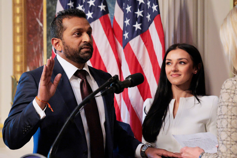 Kash Patel being sworn in as the new Federal Bureau of Investigation Director alongside girlfriend Alexis Wilkins.