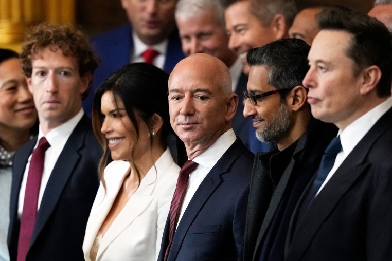 From left, Mark Zuckerberg, Lauren Sanchez, Jeff Bezos, Sundar Pichai and Elon Musk at Donald Trump's inauguration in at Capitol.