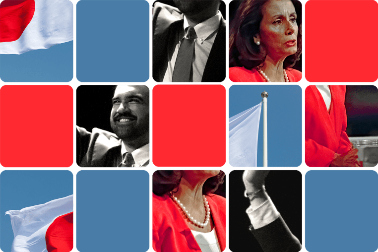 Grid of obscured images featuring Zohran Mamdani and Nancy Pelosi 