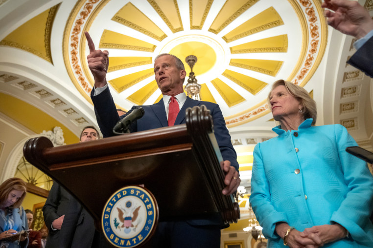 Senate Majority Leader John Thune speaks to reporters in D.C.