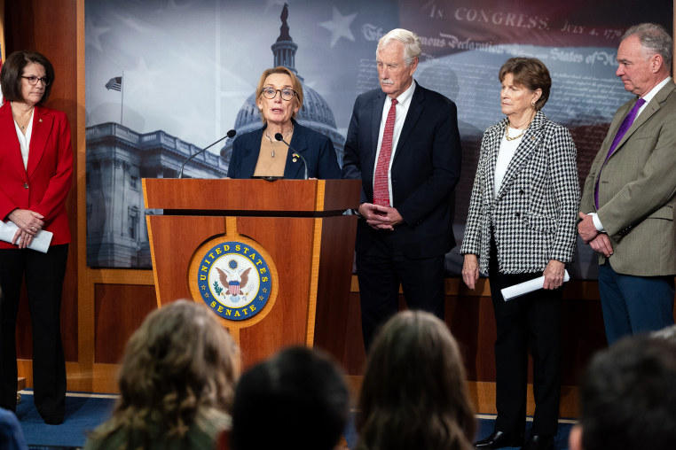Senator Maggie Hassan speaks at a press conference with other Senate Democrats.