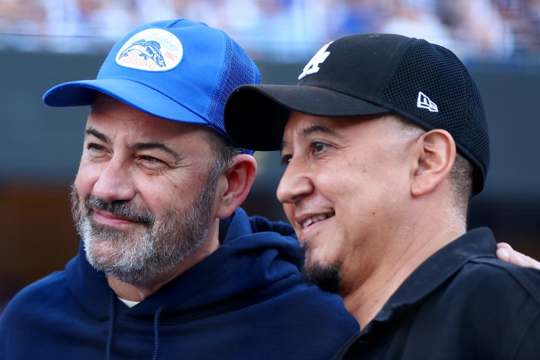 Jimmy Kimmel and Cleto Escobedo III at the World Series at Dodger Stadium on October 25, 2024. 