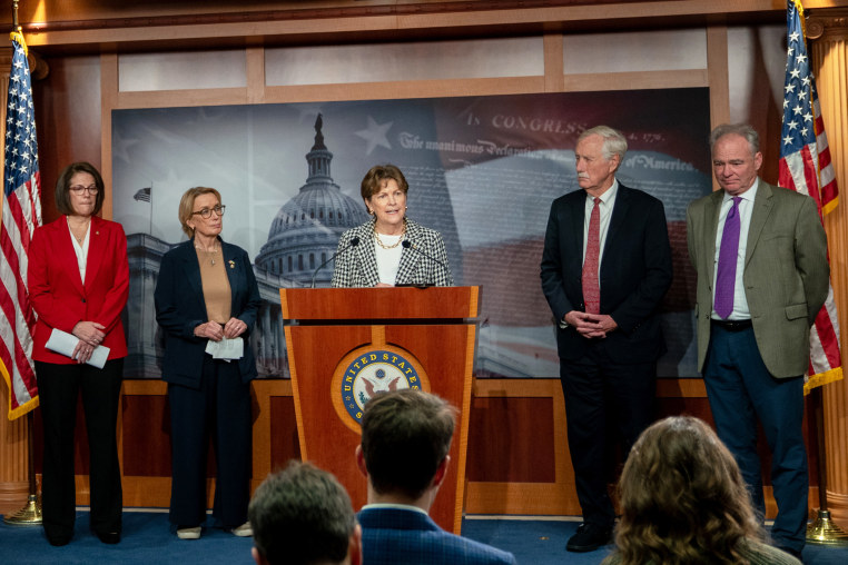 From left, Senator Catherine Cortez Masto, Senator Maggie Hassan, Senator Jeanne Shaheen, Senator Angus King and Senator Tim Kaine at a news conference at the Capitol.