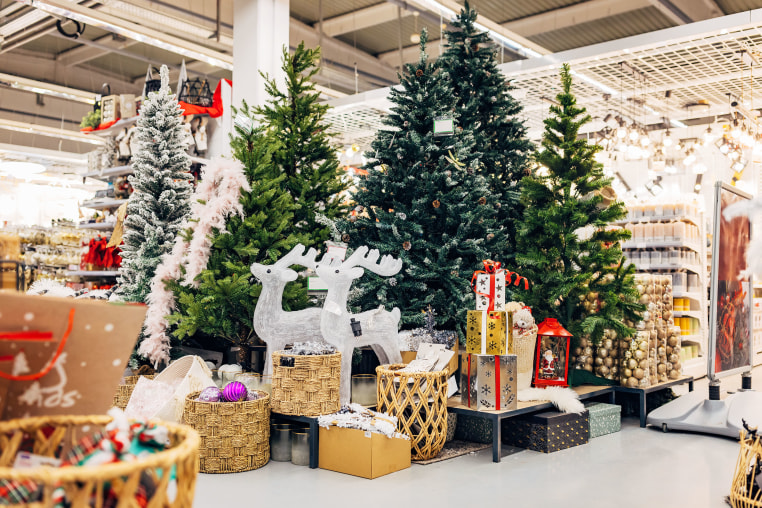 Decorations for New Year's and Christmas holidays on display in a department store