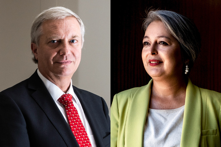 A split composite image of José Antonio Kast, left, and Jeannette Jara