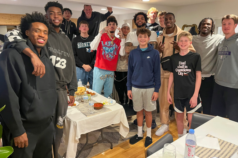 Kon Knueppel and other Charlotte Hornets players at Knueppel's mother's house.