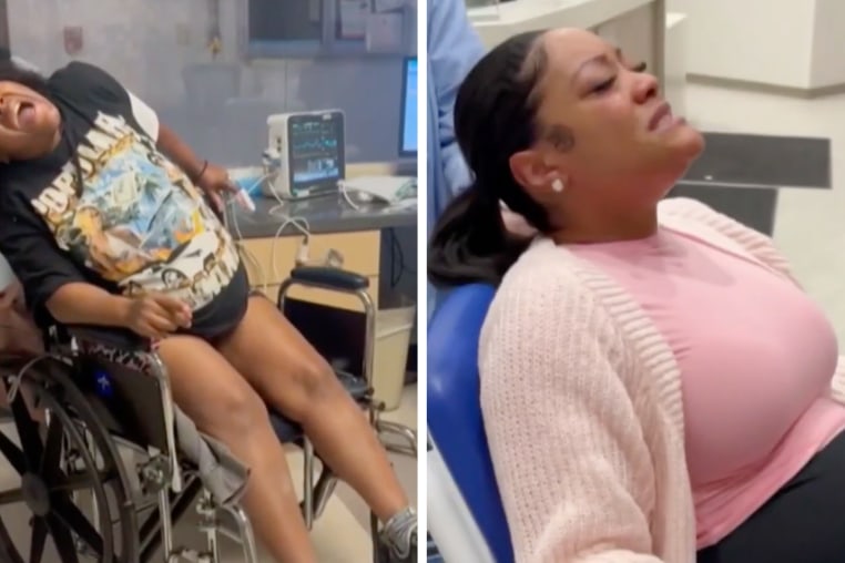 Karrie Jones sits in a wheelchair while in labor; Mercedes Wells cries and grimaces while in labor.