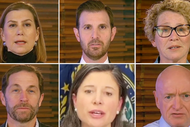 Clockwise from top left: Sen. Elissa Slotkin, Rep. Chris Deluzio, Rep. Chrissy Houlahan, Sen. Mark Kelly, Congresswoman Maggie Goodlander and Congressman Jason Crow.  
