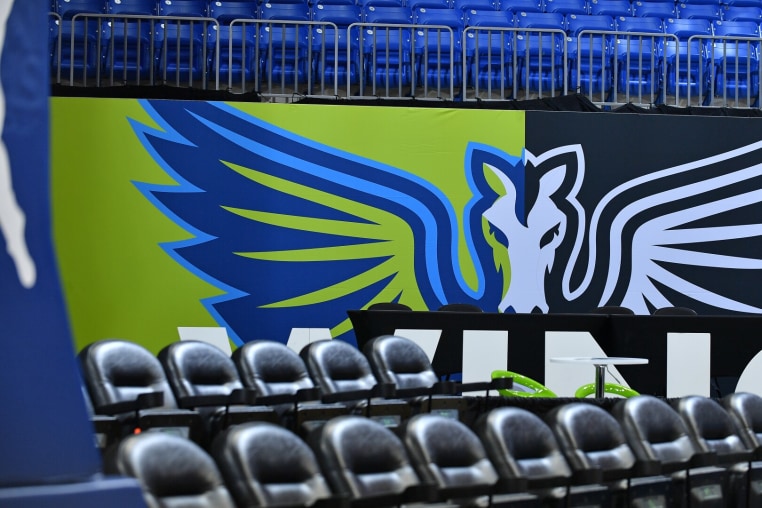 ARLINGTON, TX - AUGUST 8: Dallas Wings logo before the game against the New York Liberty on August 8, 2025 at the College Park Center in Arlington, TX. NOTE TO USER: User expressly acknowledges and agrees that, by downloading and or using this photograph, User is consenting to the terms and conditions of the Getty Images License Agreement. Mandatory Copyright Notice: Copyright 2025 NBAE (Photo by Michael Gonzales/NBAE via Getty Images)