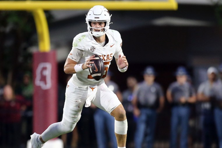 Oct 25, 2025; Starkville, Mississippi, USA; Texas Longhorns quarterback Arch Manning (16) passes the ball during the fourth quarter against the Mississippi State Bulldogs at Davis Wade Stadium at Scott Field. Mandatory Credit: Petre Thomas-Imagn Images