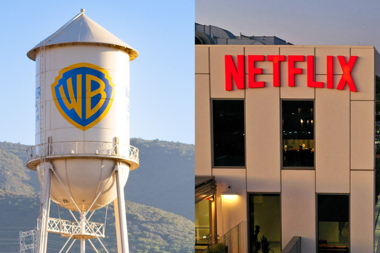 Left: BURBANK, CA - DECEMBER 13: General views of the Warner Brothers studio lot on December 13, 2023 in Burbank, California. (Photo by AaronP/Bauer-Griffin/GC Images)

Right: The Netflix logo is seen on top of their office building in Hollywood, California, January 20, 2022. - Netflix on Thursday reported cooling subscriber growth as fierce competition and the pandemic weigh heavy despite hits like "Squid Game" and "Money Heist."The streaming service ended the year with 221.8 million subscribers, just below target, after booming during coronavirus lockdowns that kept people at home and on the platform. (Photo by Robyn Beck / AFP) (Photo by ROBYN BECK/AFP via Getty Images)
