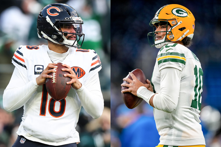 A split composite image of Caleb Williams, left, and Jordan Love