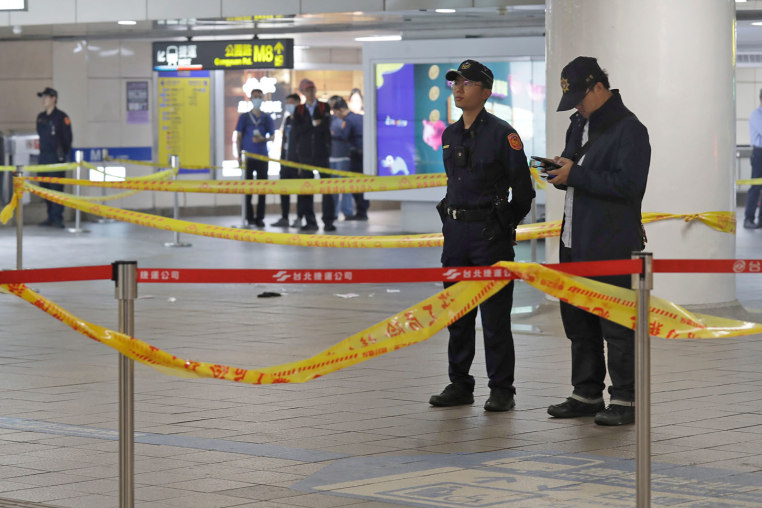 Police cordoned off the scene after a knife attack in Taipei, Taiwan