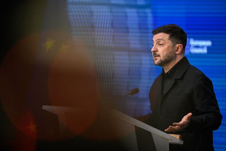 Ukraine's President Volodymyr Zelensky speaks during a press conference as part of the European Council meeting in Brussels on Dec. 18.