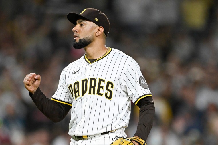 Sep 27, 2025; San Diego, California, USA; San Diego Padres relief pitcher Robert Suarez (75) pumps his fist after the Padres beat the Arizona Diamondbacks at Petco Park. Mandatory Credit: Denis Poroy-Imagn Images