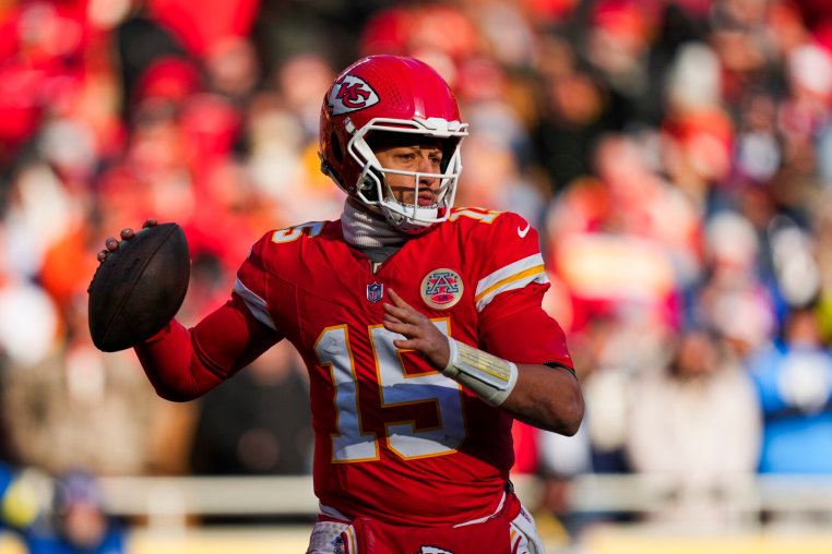 Dec 14, 2025; Kansas City, Missouri, USA; Kansas City Chiefs quarterback Patrick Mahomes (15) looks to pass against the Los Angeles Chargers during the second quarter at GEHA Field at Arrowhead Stadium. Mandatory Credit: Jay Biggerstaff-Imagn Images