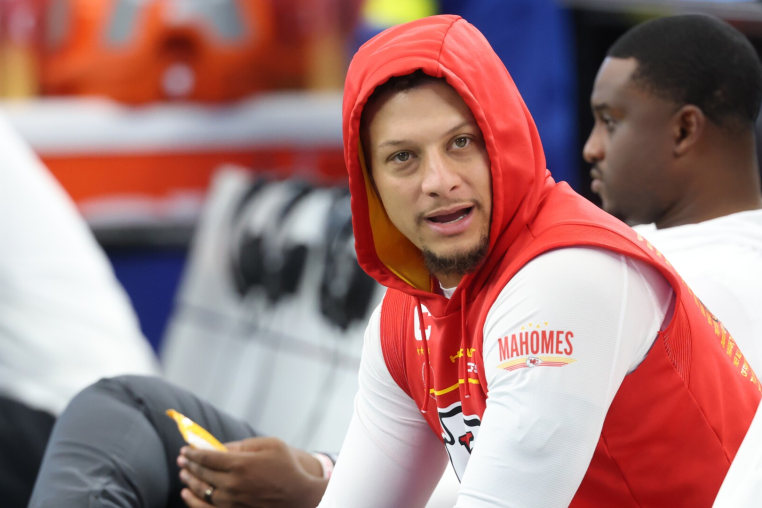 Nov 27, 2025; Arlington, Texas, USA; Kansas City Chiefs quarterback Patrick Mahomes (15) sits on the bench prior to the game against the Dallas Cowboys at AT&amp;T Stadium. Mandatory Credit: Kevin Jairaj-Imagn Images