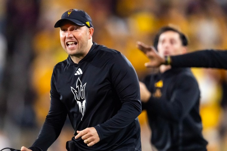 Nov 28, 2025; Tempe, Arizona, USA; Arizona State Sun Devils head coach Kenny Dillingham reacts against the Arizona Wildcats in the second half during the 99th Territorial Cup at Mountain America Stadium. Mandatory Credit: Mark J. Rebilas-Imagn Images