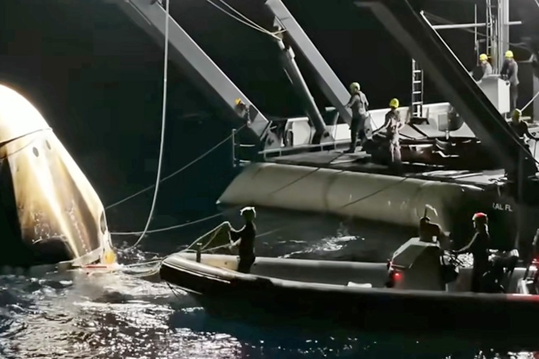 Recovery operations for NASA’s Crew-11 Endeavour spacecraft and its four astronauts.