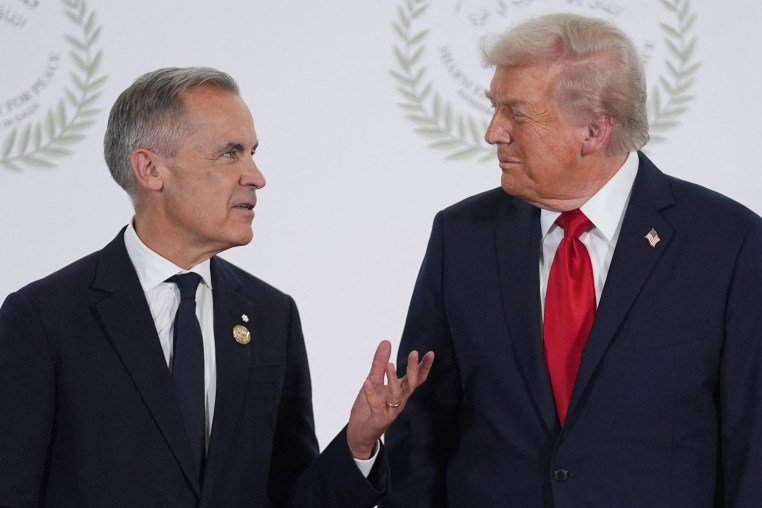 President Donald Trump talks with Canada's Prime Minister Mark Carney during a summit in Sharm el-Sheikh, Egypt on October 13, 2025. 