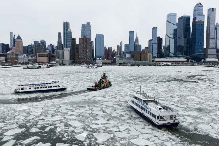 Hudson River partly frozen after winter storm near George Washington Bridge in New York