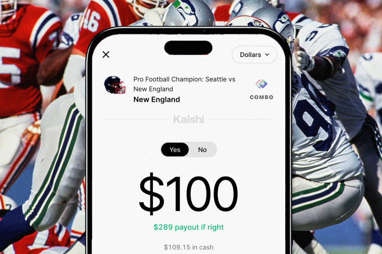 Photo illustration of phone screen against archival photo of Patriots and Seahawks 