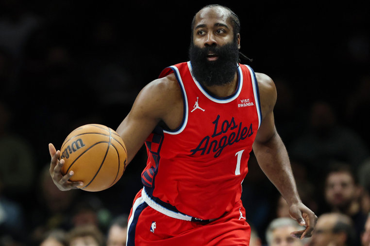James Harden dribbling a basketball ball while on court