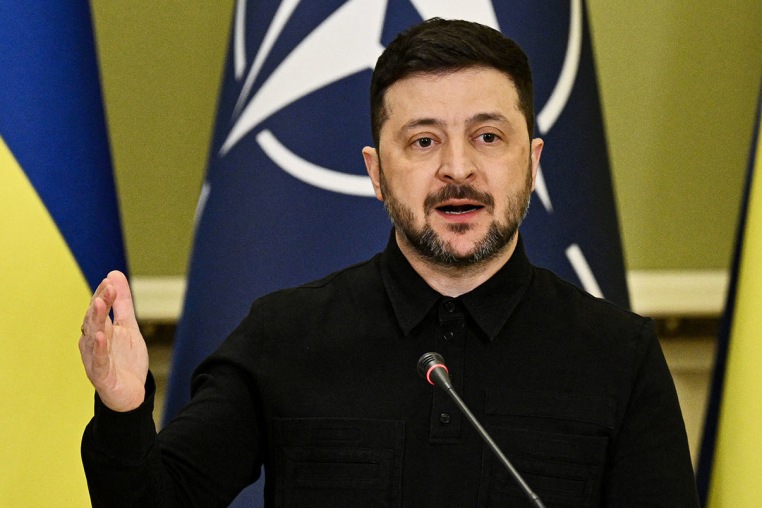 Ukraine's President Volodymyr Zelensky speaks at a news conference following a meeting with NATO's secretary general in Kyiv on Feb. 3, 2026. 