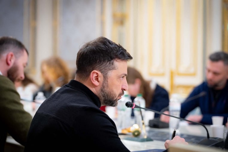 Ukraine's President Volodymyr Zelenskyy chairs a meeting with journalists at his office in Kyiv on February 6.