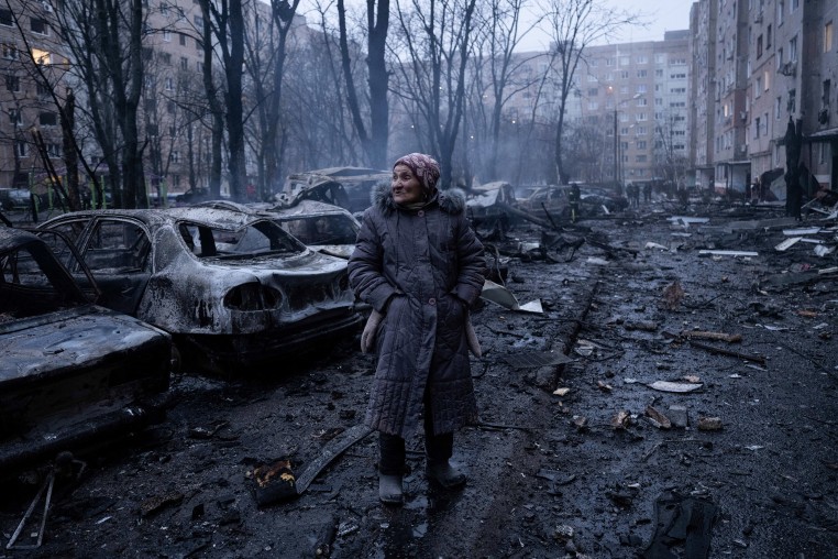 Burnt-out cars in the courtyard of a damaged residential building following an air attack in Kramatorsk, Ukraine on Feb. 8, 2026.