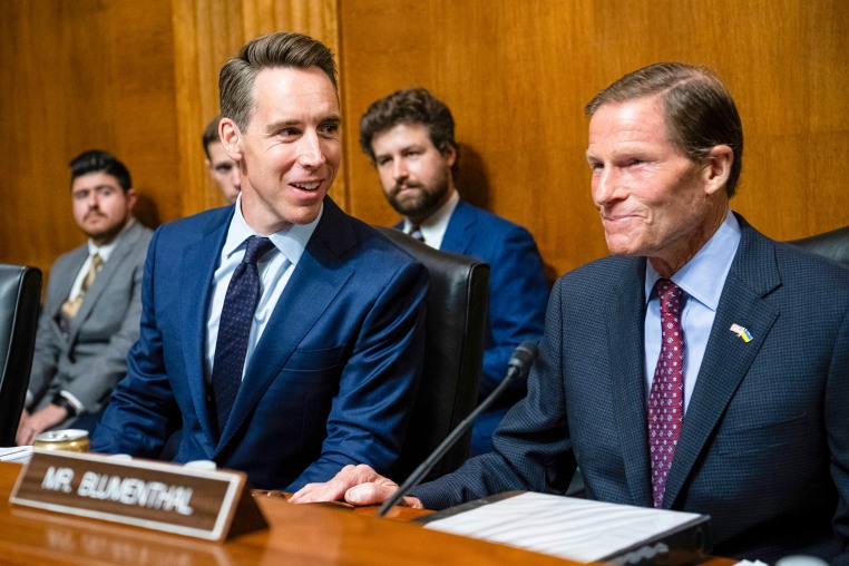 Senator Josh Hawley, Subcommittee Ranking Member, and Senator Richard Blumenthal, Subcommittee Chair, speak before a Senate Judiciary Subcommittee hearing on Artificial Intelligence, at the U.S. Capitol, in Washington, D.C., on Tuesday, July 25, 2023.
