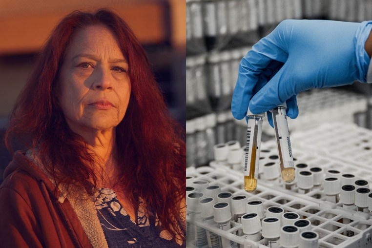 Jill Chamberlain outside KED Plasma in Phoenix; A technician holds vials at the B Positive Plasma Donation center in Holmes, Pa.