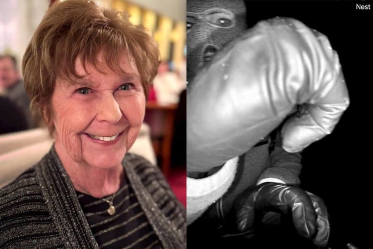 A split composite of Nancy Guthrie and security footage from the house of Nancy Guthrie, released by the FBI.