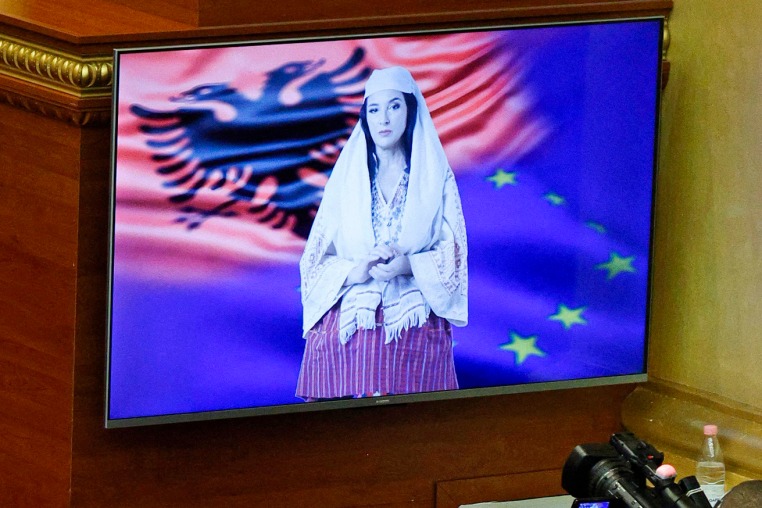 Albania's AI-generated minister "Diella" appears on a screen during a parliamentary session on Sept. 18, 2025. 